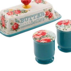 The Pioneer Woman Floral Butter Dish and Shaker Set - Red, Blue, Yellow